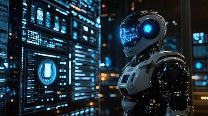 Advanced robot stands before a complex digital interface.
