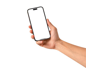 Hand showing smartphone with blank screen isolated.