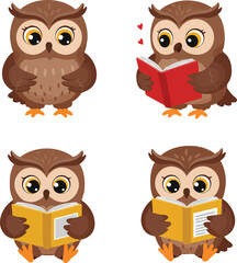 Fototapeta premium Cute cartoon owls reading colorful books in various poses vector illustration set 