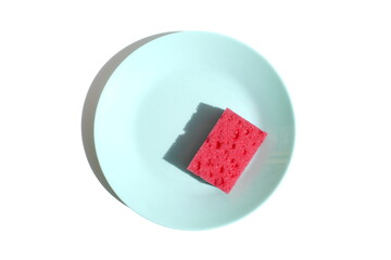 One dish sponge lies on a white isolated background in a ceramic flat plate.