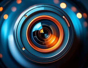 close up of a high tech camera lens with glowing orange accents against a cool toned background ideal for technology innovation or surveillance themed projects
