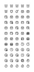 Time date iconography set. Various simple illustrations, including: calendar, stopwatch, alarm, clock, bell, notification, edit, year, month, day, week, schedule, meeting, online, conference, etc.