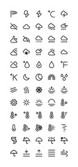 Weather forecast iconography set. Various simple illustrations, including: rain, cloud, sunny, day, night, moon, humidity, drop, thermometer, rainbow, umbrella, water, fog, wind, lightning, thunder
