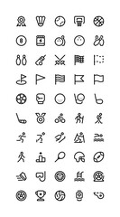 Sports iconography set. Various simple illustrations, including: golf, football, soccer, award, medal, trophy, flag, fencing, bowling, basketball, skiing, running, cycling, coach, referee, pennant