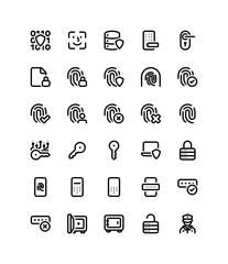 Security iconography set. Various simple illustrations, including: binary, face ID, scan, database, lock, held, fingerprint, guard, protection, key, encryption, cryptography, secure, laptop, padlock.