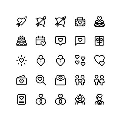 Romance iconography set. Various simple illustrations, including: cupid, arrow, briefcase, love, heart, cake, affection, wedding, heartbeat, couple, bride, groom, lock, chocolate, gift, invitation.