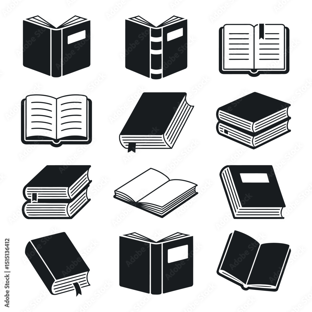 Poster set of black and white book icons in various styles including open books closed books and stacks of 