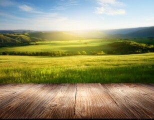 empty wooden table and natural landscape background
