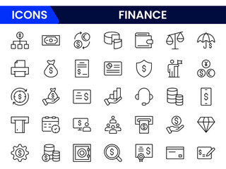 Vector illustration web line icon collection featuring finance symbols such as money, coins, calculator, piggy bank, charts, wallet, credit card, and dollar signs.
