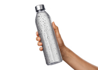 Hand holding a water bottle with condensation isolated on a transparent background.