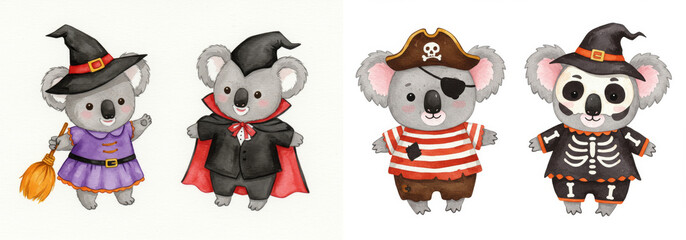 Fototapeta premium Adorable Koala Halloween Costumes Clipart - Four cute koalas dressed in Halloween costumes: witch, vampire, pirate, and skeleton. Perfect for autumn celebrations, cards