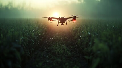 Fototapeta premium Drone flies over a field at sunset, casting a silhouette against the vibrant sky