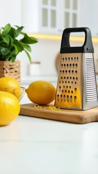 Fresh lemons and zester grater on a wooden board in a bright kitchen setting for cooking and preparing a delicious dessert.