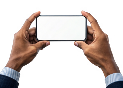Two hands holding a smartphone in horizontal mode isolated on a transparent background.