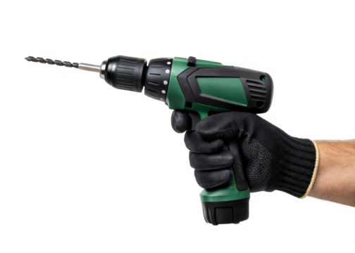 Worker's hand wearing black glove holding a power drill handle isolated on a transparent background.
