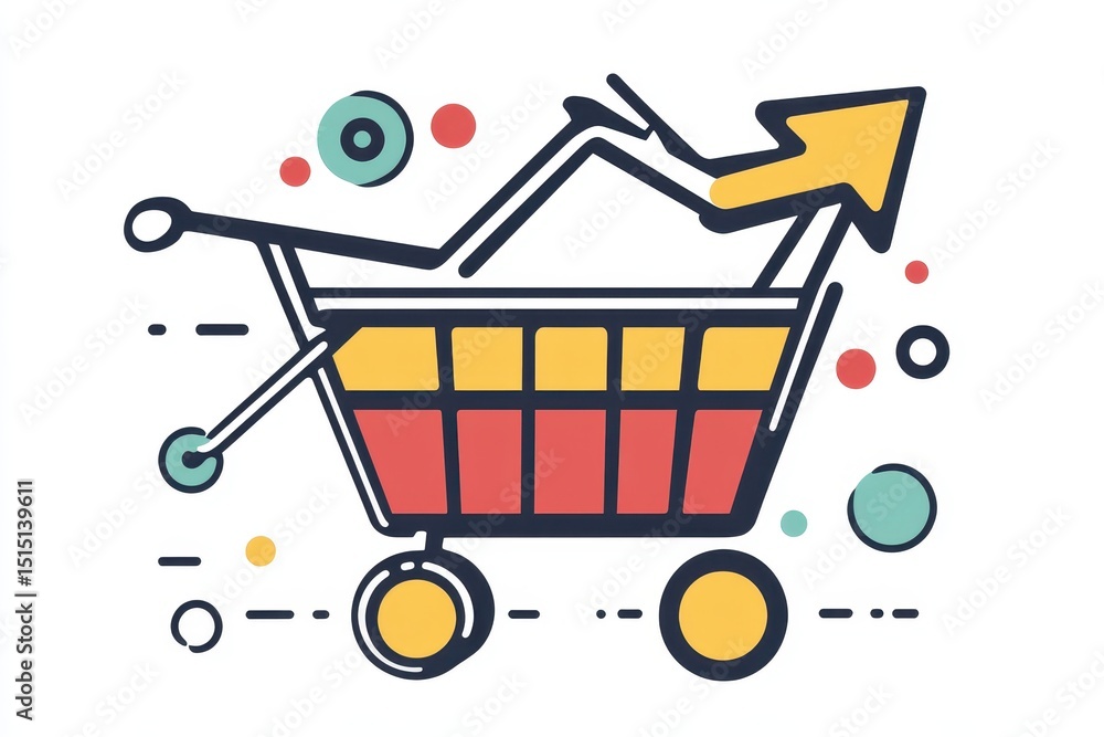 Poster creative shopping cart icon with graph arrow and colorful elements