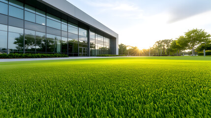 A contemporary office building stands next to well-maintained green lawns, showcasing a vibrant corporate environment on a clear, sunny day
