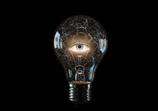 Eye inside light bulb concept art stock photo for creative ideas and vision on black background hd