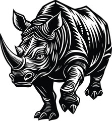 Fototapeta premium Detailed Black and White Geometric Rhinoceros Illustration – Intricate Patterns and Bold Wildlife Art