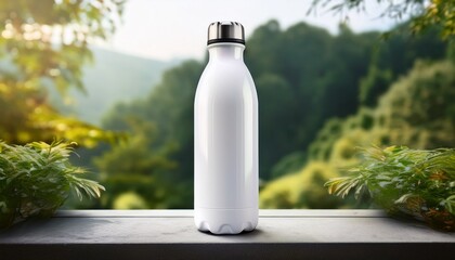watter bottle mockup white blank water bottle mockup with blurred plants