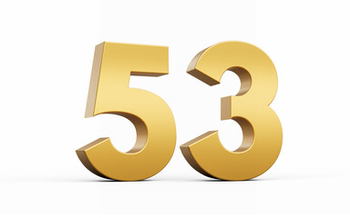 3D Golden number 53 Fifty three isolated on white background, 3d illustration