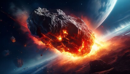 massive asteroid plummeting from the sky in a fiery blaze a dramatic and intense scene of a burning space rock entering earth s atmosphere with bright flames and smoke trails against the dark sky
