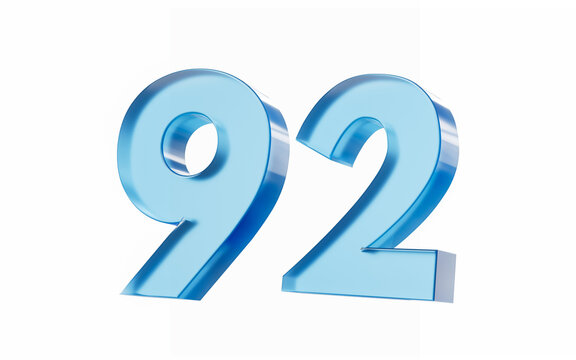 3d Glossy Blue number 92 Ninety two isolated on white background. 3d illustration