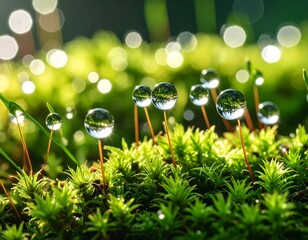 Dewdrop Oasis: A close-up view of delicate water droplets perched on verdant moss, capturing a miniature world of serene beauty, highlighting nature's intricate design and refreshing purity.