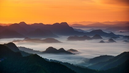 Fototapeta premium sunrise mountain range with mist rolling over the landscape