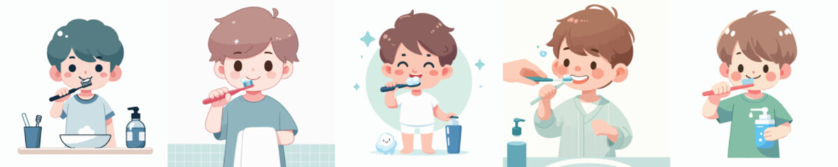 vector of a boy brushing his teeth