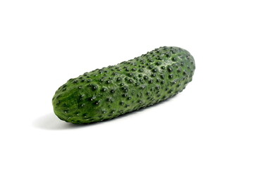 One fresh green cucumber lies on a white background.