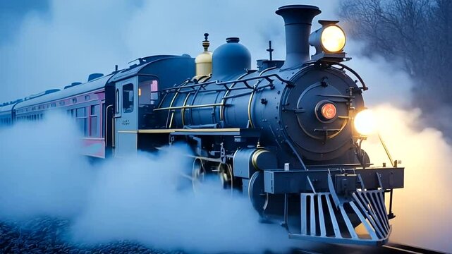 Vintage steam locomotive chugging through foggy landscape at dawn, evoking nostalgia