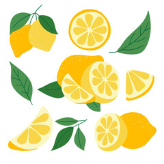Vector Flat Lemon Set. Whole Lemon Fruit with Leaves, Lemons Slices and Cut. Tropical fruit slice, fresh green leaves, yellow lemons isolated on white Background. Organic  lemonade juice or Vitamin C.