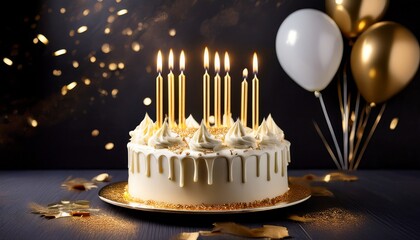 birthday cake with white frosting and gold candles on dark background with balloons and confetti