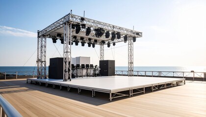 Outdoor Concert Stage Setup Ocean View Summer Festival Event.