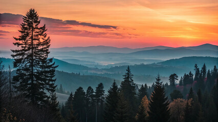 Majestic Sunrise Over Misty Mountain Range with Silhouetted Pine Trees, Scenic Vista