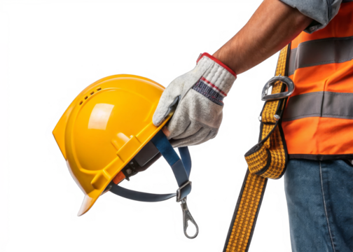 Construction worker’s hand holding safety helmet strap isolated on a transparent background.
