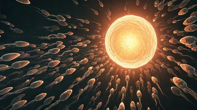AI Generated Sperm Cells Actively Swimming Forward Toward a Glowing Egg Cell
