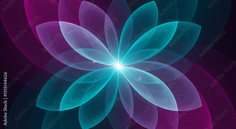 Poster abstract digital art of a luminous flower featuring translucent teal and purple petals forming a sym