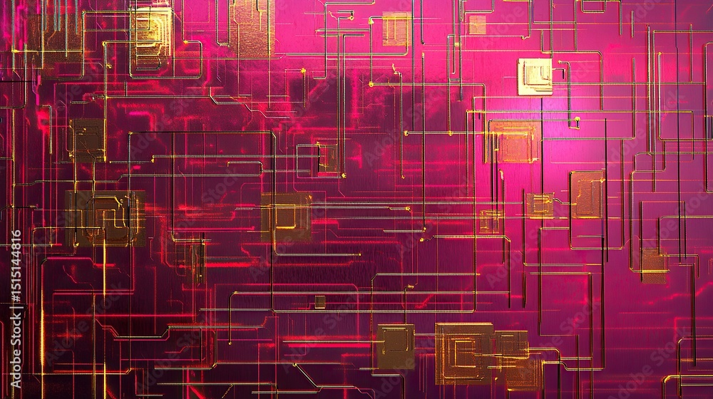 Poster an ultramodern circuit board design illuminated by golden lines that glow softly at the intersection