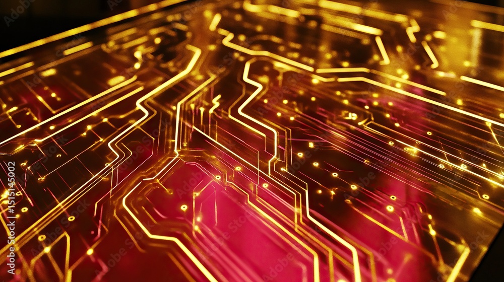 Poster an ultramodern circuit board design illuminated by golden lines that glow softly at the intersection