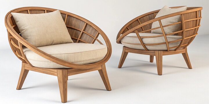 Two wooden half-sphere chairs with beige cushions on a light background.