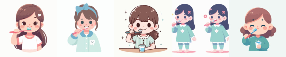 vector of a girl brushing his teeth