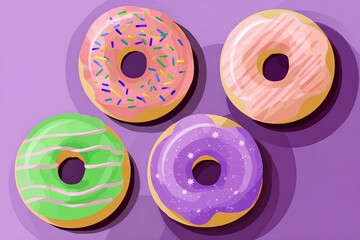 Fototapeta premium Colorful flat illustration of four delicious donuts with various toppings, including sprinkles and icing, arranged on a vibrant purple background, showcasing sweet treats and dessert appeal