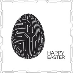 Futuristic Happy Easter Card Design with an Electronic Circuit Patterned Egg and a Modern Frame in Black and White for a Tech Savvy Celebration