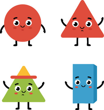 Cute cartoon geometric shapes with faces and arms including circle triangle and rectangle vector illustration 
