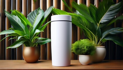 tumbler mockup white packaging tumbler mockup design in a table with wonderfull plants