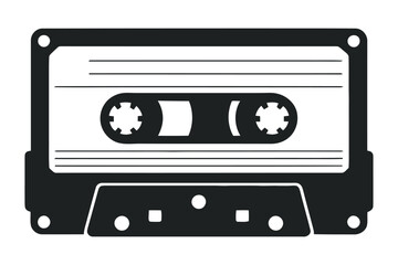 Monochrome Graphic of a Retro Audio Cassette Tape Representing Vintage Music Nostalgia and Analog Sound Recording Technology in a Simple and Minimalist Style