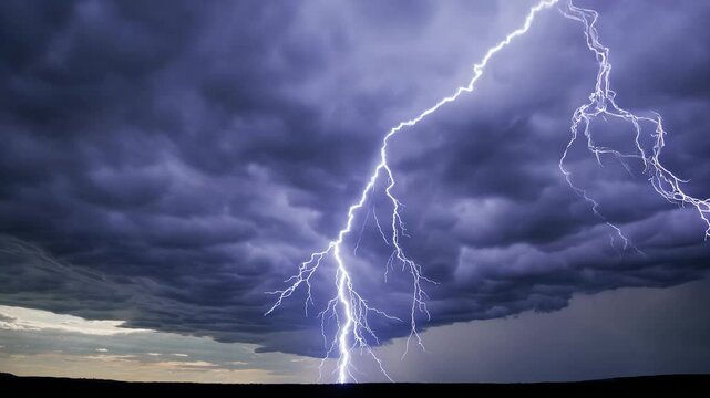 Timelapse of thunderstorm clouds with intense lightning strikes illuminating dramatic night sky over open horizon
