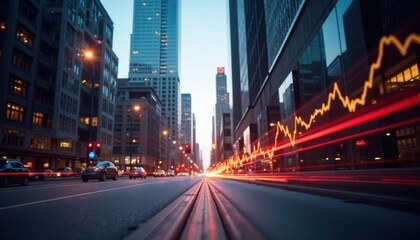 Fototapeta premium Dramatic city view with blurred car lights and a glowing finance chart overlay, at dusk.
